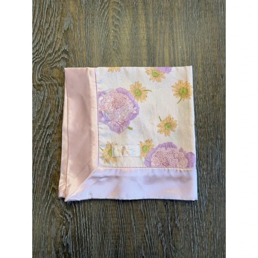 Baby Lulu LA Pink White Floral Security Blanket with satin edge 18